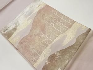 山並みに木々・笹・霞模様織出し名古屋帯